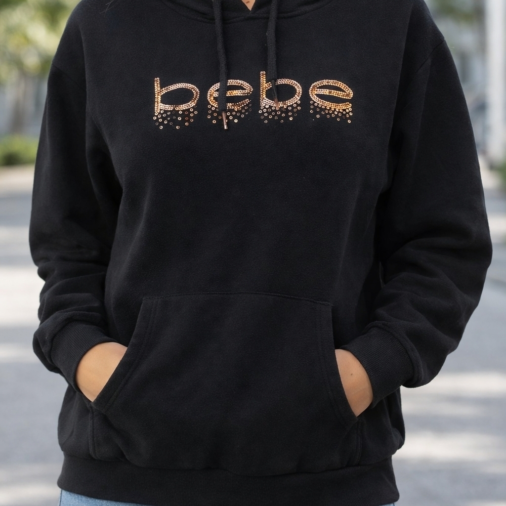 Bebe Women's  Black Hoodie with Gold Detailing Y2k Retro Size Large